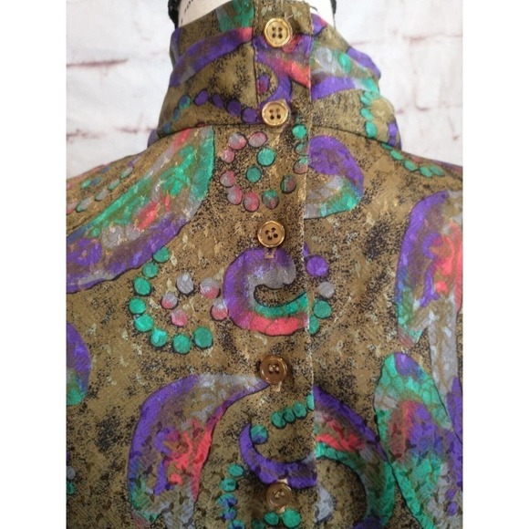 Vintage 80s Size 6 Small Nicola Jewel Tone Shoulder Pad Pleated Blouse High Neck - Picture 7 of 11